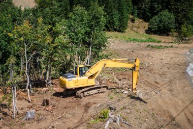Yaz günü çalışan kazıcının fotoğrafı ağaçların arka planına karşı
