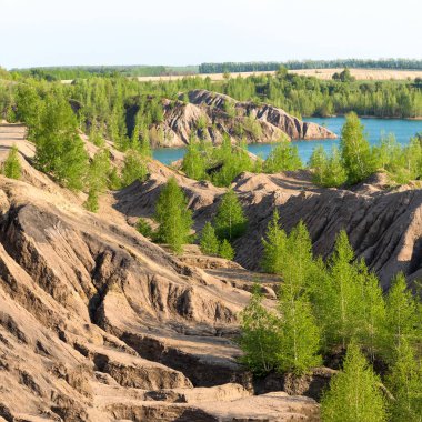 Yaz günü yeşil ağaçlı ve nehirli tepe manzarası