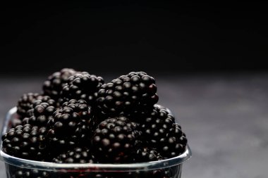 Blackberry Studio boş siyah arka plan üzerine plastik kap içinde görüntü