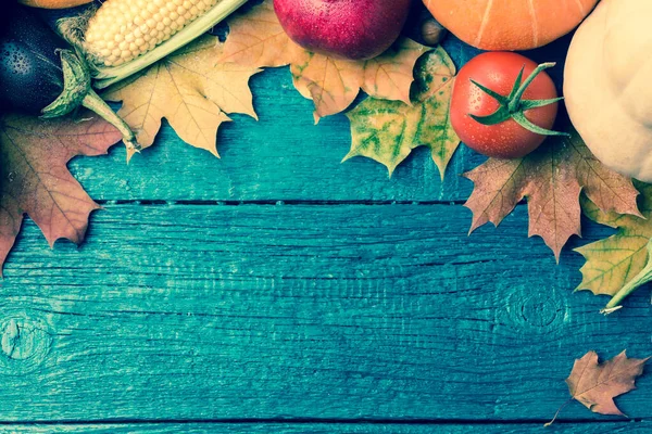 Izolovaný Obraz Podzimního Listí Dýně Rajčat Granátové Jablko Modrém Dřevěném — Stock fotografie