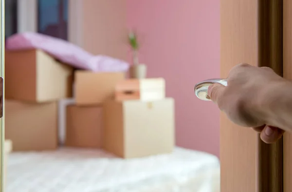 Image Cardboard Boxes Open Door New Apartment Blurred Background — ストック写真