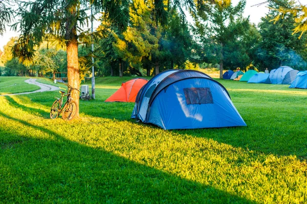 Tält Camping Vacker Naturområde Med Träd Och Grönt Gräs — Stockfoto