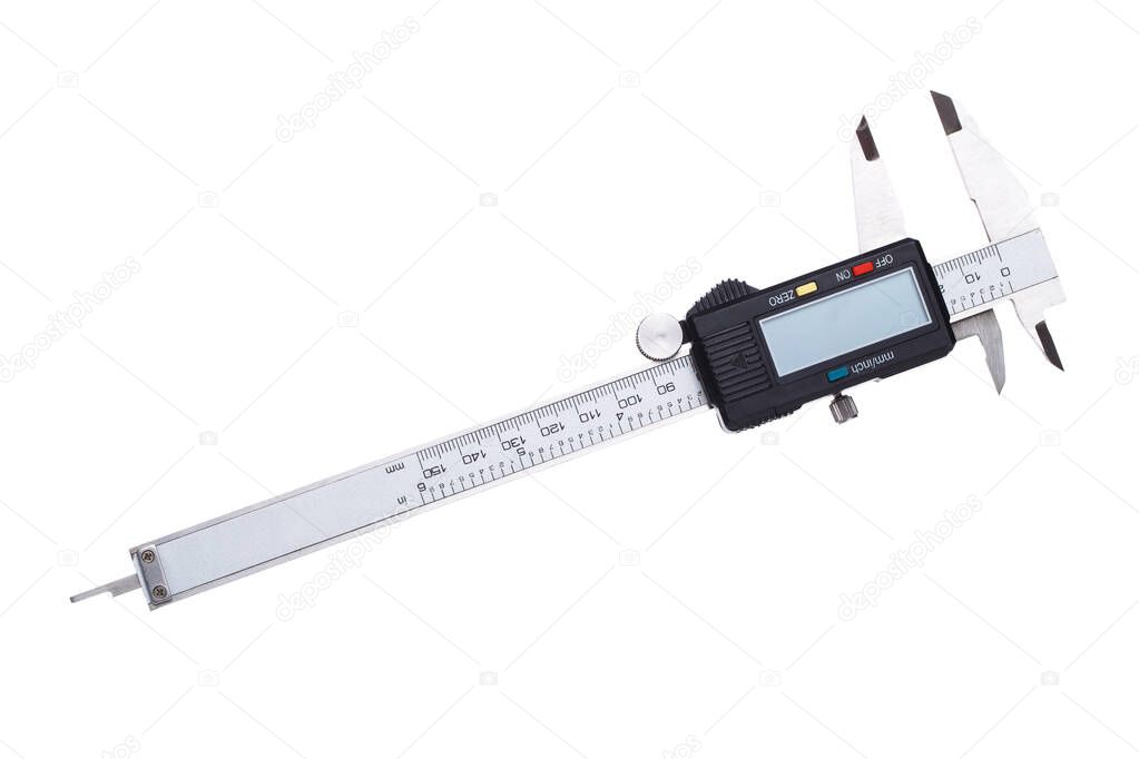 Photo of iron calipers close-up on white empty background