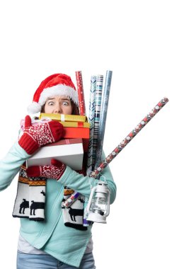 Photo of woman in Santa's cap with boxes with gifts with wrapping paper on blank white background clipart