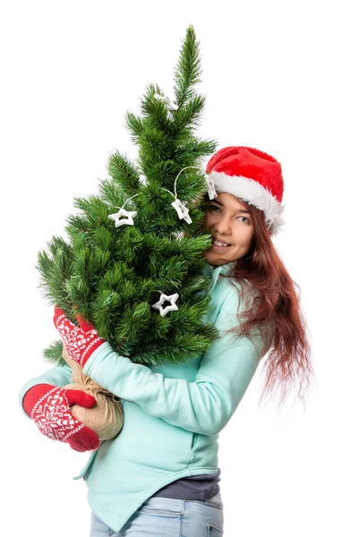 Photo Woman Santa Hat Christmas Tree Blank White Background — Stock Photo, Image