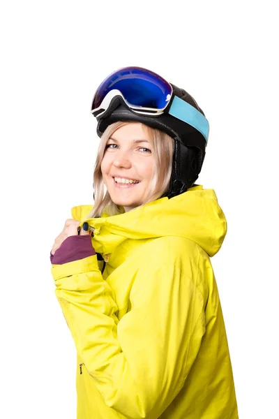 Ritratto Giovane Donna Vestita Con Giacca Snowboard Gialla Casco Nero — Foto Stock