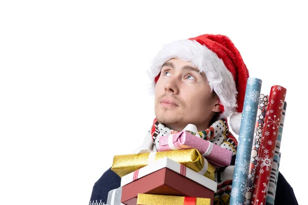 Foto Del Hombre Pensativo Gorra Santa Claus Con Cajas Con — Foto de Stock