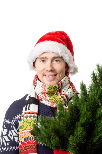 Foto Hombre Gorra Santa Con Árbol Navidad Sobre Fondo Blanco — Foto de Stock