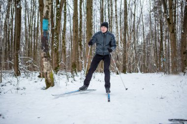 Kışın ormanda gri ceketli bir erkek kayakçının fotoğrafı.