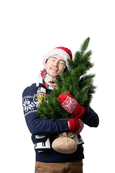 Photo Man Santa Cap Christmas Tree Empty White Background — Stock Photo, Image