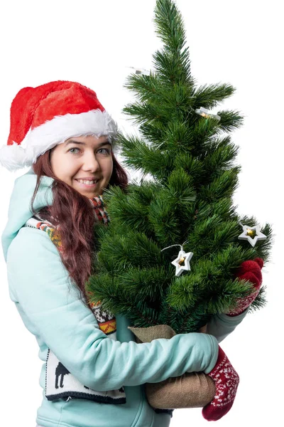 Photo Woman Santa Cap Christmas Tree Hand Empty White Background — Stock Photo, Image