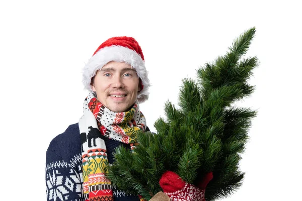 Foto Hombre Gorra Santa Con Árbol Navidad Sobre Fondo Blanco — Foto de Stock