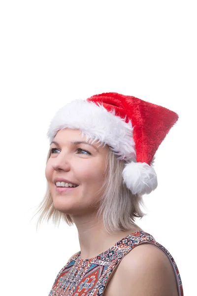 Close Photo Blonde Glasses Santa Cap White Background — Stock Photo, Image