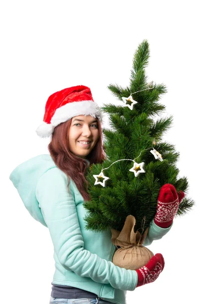 Photo Woman Santa Cap Christmas Tree Hand Empty White Background — Stock Photo, Image