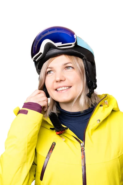 Retrato Uma Jovem Vestida Com Casaco Snowboard Amarelo Capacete Preto — Fotografia de Stock