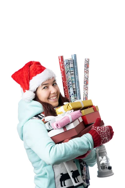 Photo Woman Santa Cap Boxes Gifts Wrapping Paper Blank White — Stock Photo, Image