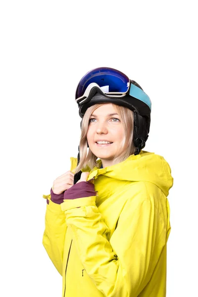 Portrait Une Jeune Femme Vêtue Une Veste Snowboard Jaune Casque — Photo