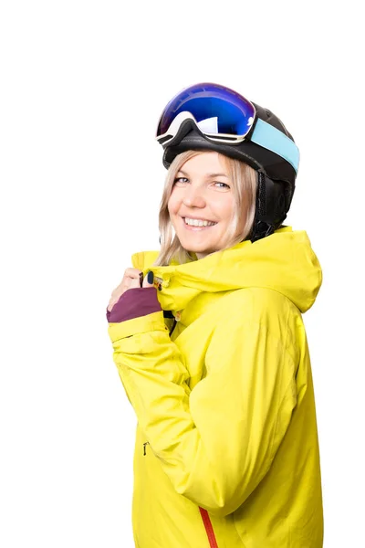 Portret Młodej Kobiety Ubranej Żółtą Kurtkę Snowboardową Czarny Kask Okulary — Zdjęcie stockowe