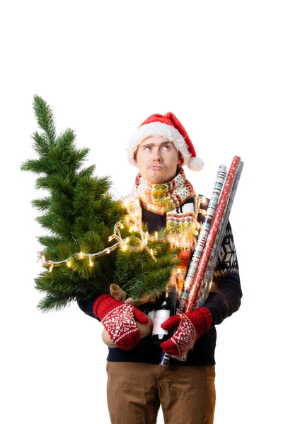 Photo Cheerful Man Santa Cap Christmas Tree Garland Wrapping Paper — Stock Photo, Image