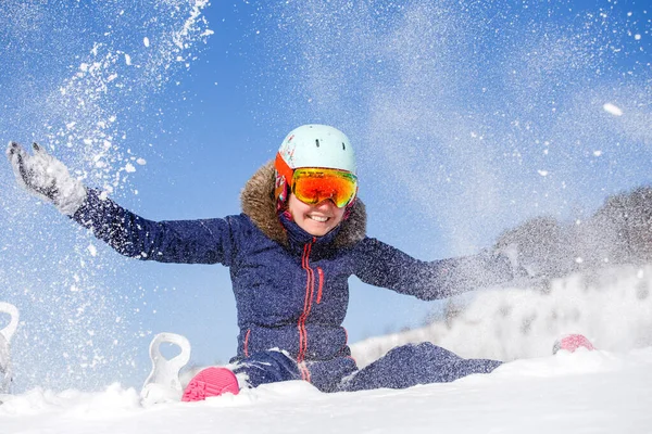 Picture Athlete Woman Sitting Snowdrift Throws Snow Winter — Stock Photo, Image
