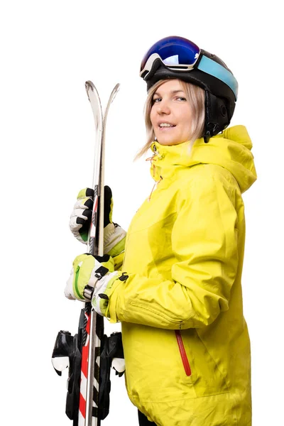 Sorrindo Menina Capacete Segurando Esquis Isolado Fundo Branco — Fotografia de Stock