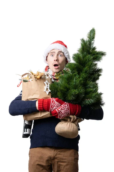 Foto Hombre Gorra Santa Con Árbol Navidad Cajas Con Regalos —  Fotos de Stock