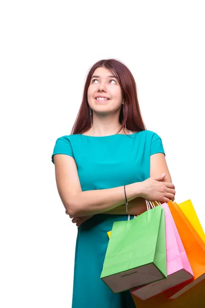 Glückliche Junge Frau Mit Einkaufstaschen Auf Weißem Hintergrund — Stockfoto