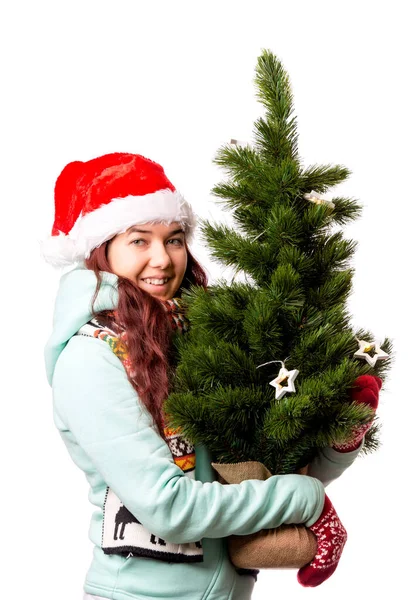 Photo Woman Santa Cap Christmas Tree Hand Empty White Background — Stock Photo, Image