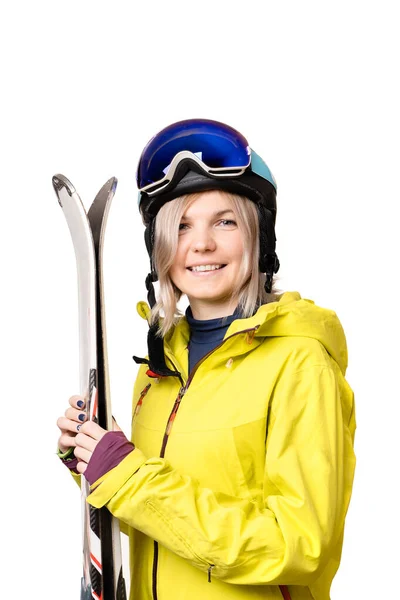 Chica Sonriente Casco Sosteniendo Esquís Aislados Sobre Fondo Blanco —  Fotos de Stock