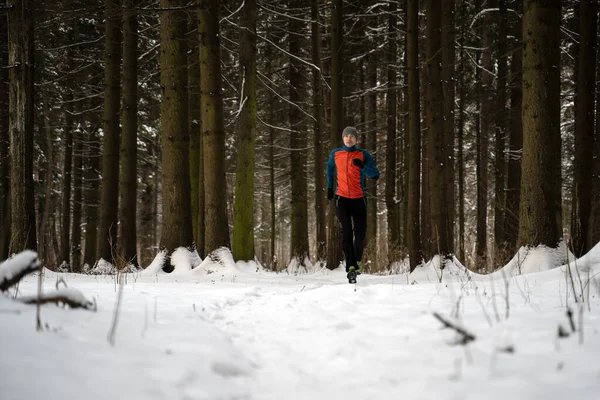 Foto Atleta Correndo Entre Árvores Floresta Inverno Pela Manhã — Fotografia de Stock