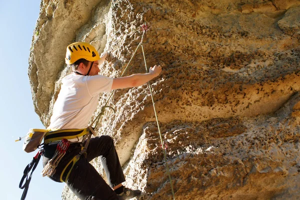 Image Back Tourist Man Helmet White Shirt Climbing Mountain Top Royalty Free Stock Photos