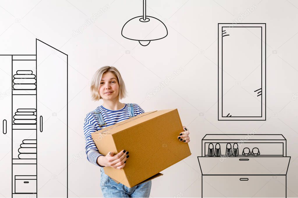 Photo of young woman with cardboard box in apartment with painted on wall wardrobe, shoe, mirror