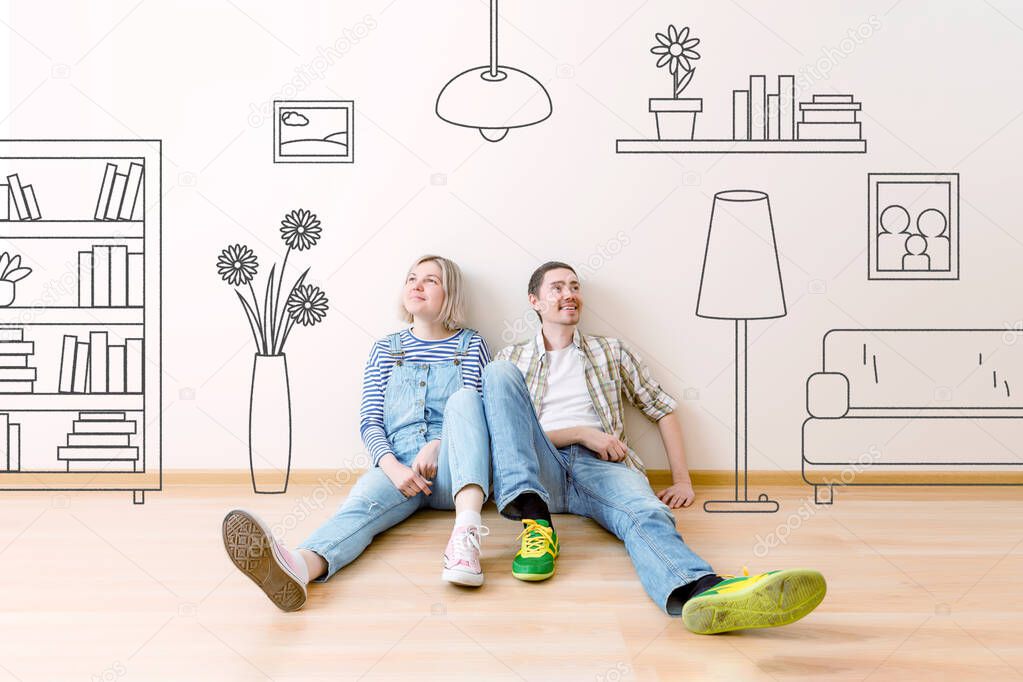 Photo of man and woman sitting on floor in empty apartment painted on wall house flowers , paintings, sofa, shelving