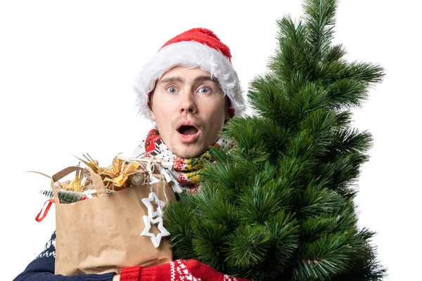 Photo Man Santa Cap Christmas Tree Boxes Gifts Wrapping Paper — Stock Photo, Image