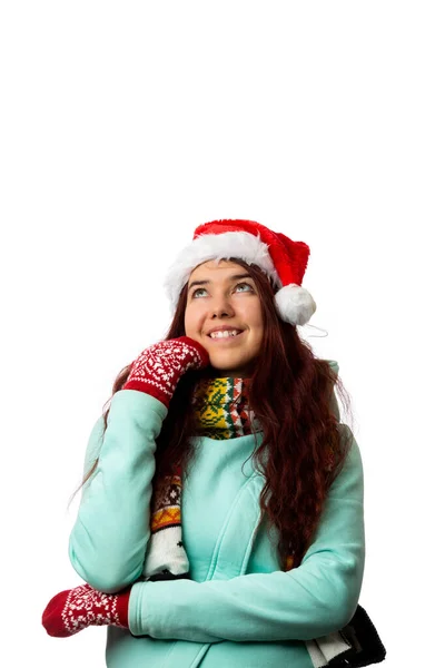 Photo Brunette Santa Cap Blank White Background — Stock Photo, Image