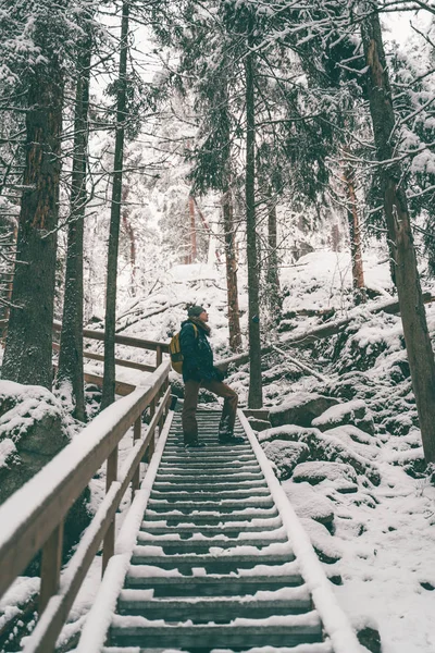 Bild av människan i vinterskogen på träbro . — Stockfoto