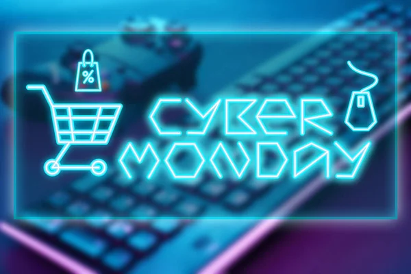 Teclado e joystick com inscrição azul. Conceito de Cyber Monday . — Fotografia de Stock