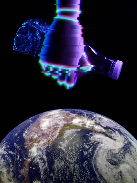 Roboterhand mit Plastikflasche über der Erde Technologie für den Naturschutz. Foto der Erde werden von der nasa eingerichtet — Stockfoto