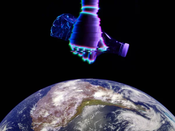 机器人手拿着塑料瓶在地球上方。 保护自然的技术。 地球照片由美国国家航空航天局提供 — 图库照片