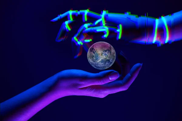 Earth between woman and robots hands as symbol of partnership between people and technology for savety nature. Elements of this image are furnished by NASA — 图库照片