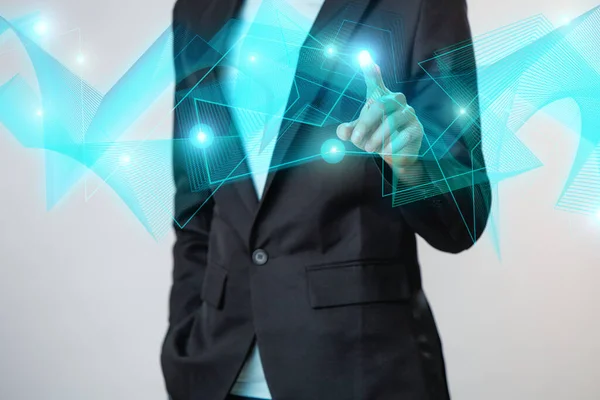 Businessman interacts with a digital network. Concepr of business and innovation — Stock Photo, Image