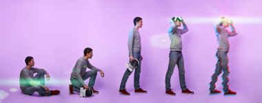 Sanal gerçeklik kulaklığı takan adam. Hata efektli resim