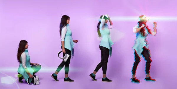 Femme portant un casque de réalité virtuelle. Image avec effet de pépin — Photo