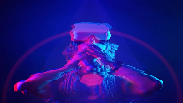 Woman is using virtual reality headset. Neon light studio portrait. Image with glitch effect. — 图库照片