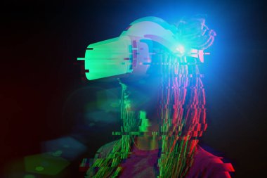 Woman is using virtual reality headset. Neon light studio portrait. Image with glitch effect.