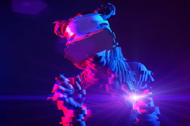 Woman is using virtual reality headset. Neon light studio portrait. Image with glitch effect.