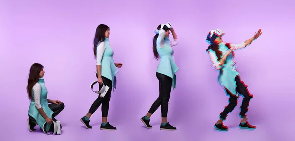 Mulher vestindo fone de ouvido realidade virtual. Imagem com efeito de falha — Fotografia de Stock