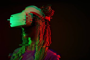 Woman is using virtual reality headset. Neon light studio portrait. Image with glitch effect.