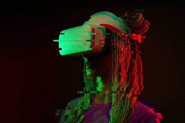 Woman is using virtual reality headset. Neon light studio portrait. Image with glitch effect.