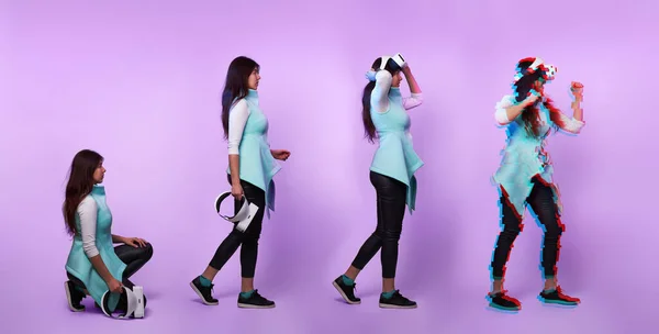 Mulher vestindo fone de ouvido realidade virtual. Imagem com efeito de falha — Fotografia de Stock